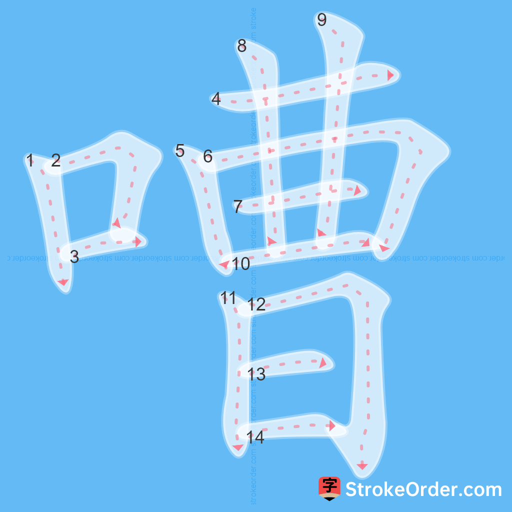 Standard stroke order for the Chinese character 嘈