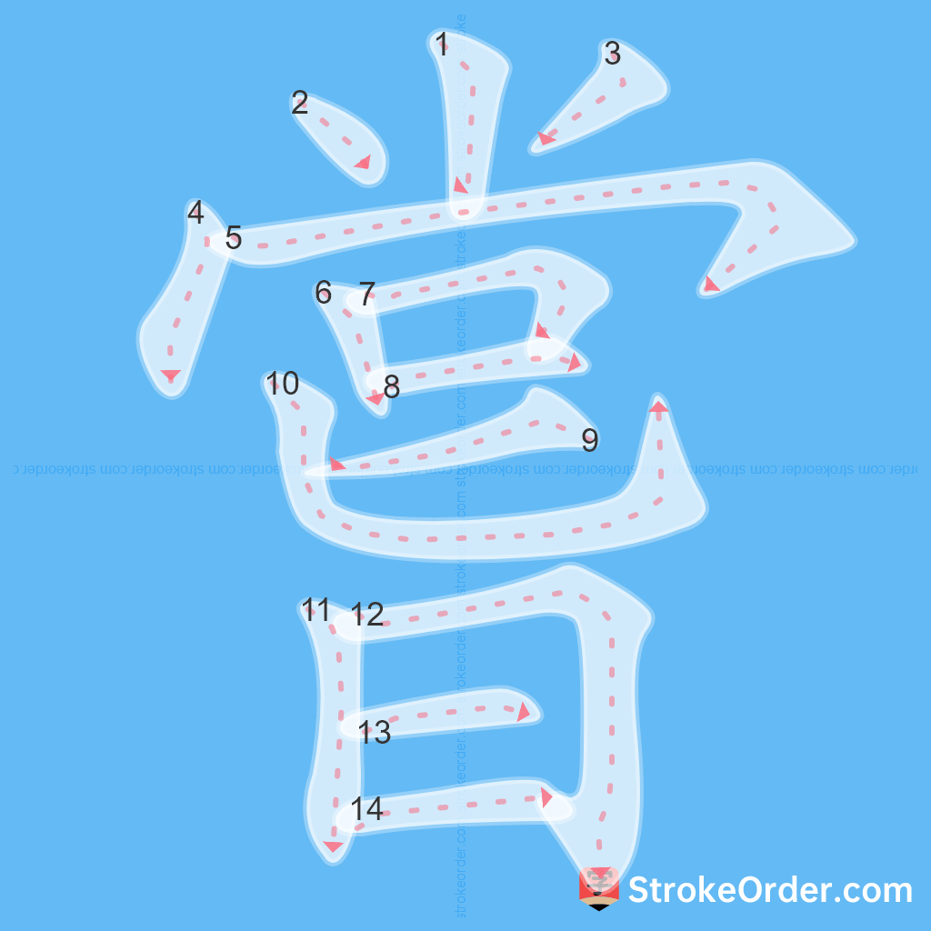 Standard stroke order for the Chinese character 嘗