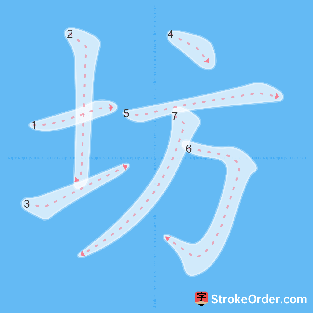 Standard stroke order for the Chinese character 坊