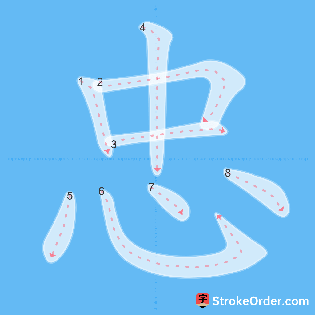 Standard stroke order for the Chinese character 忠