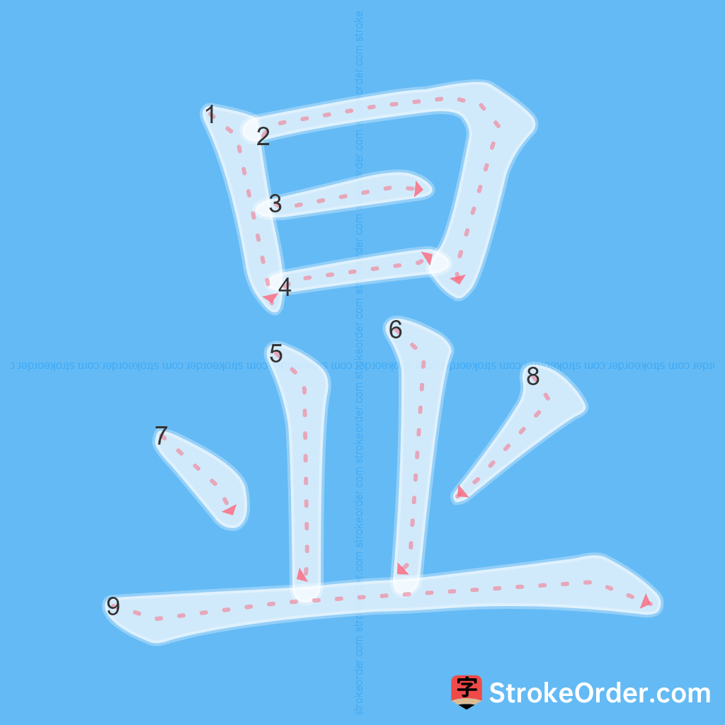 Standard stroke order for the Chinese character 显