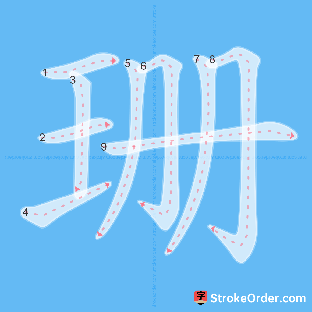 Standard stroke order for the Chinese character 珊