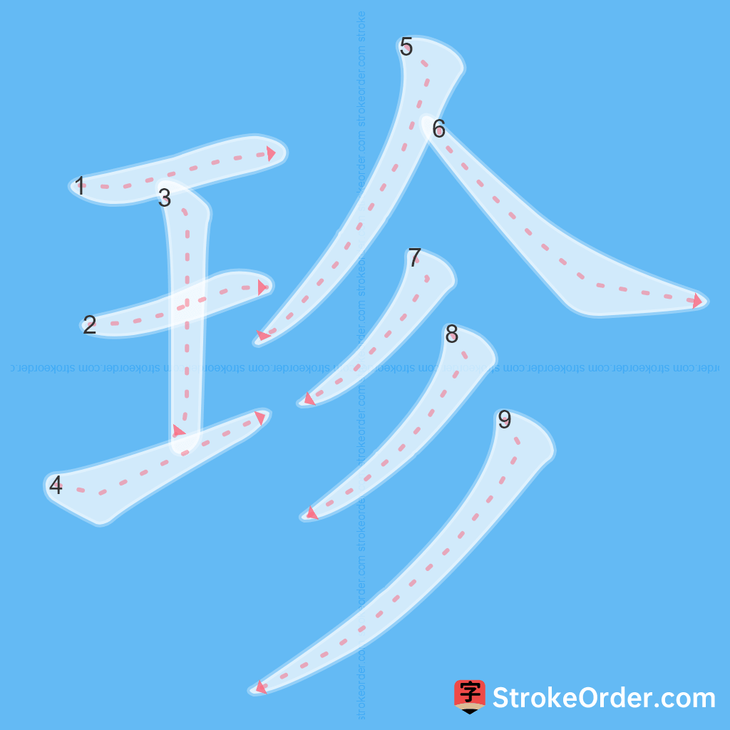 Standard stroke order for the Chinese character 珍