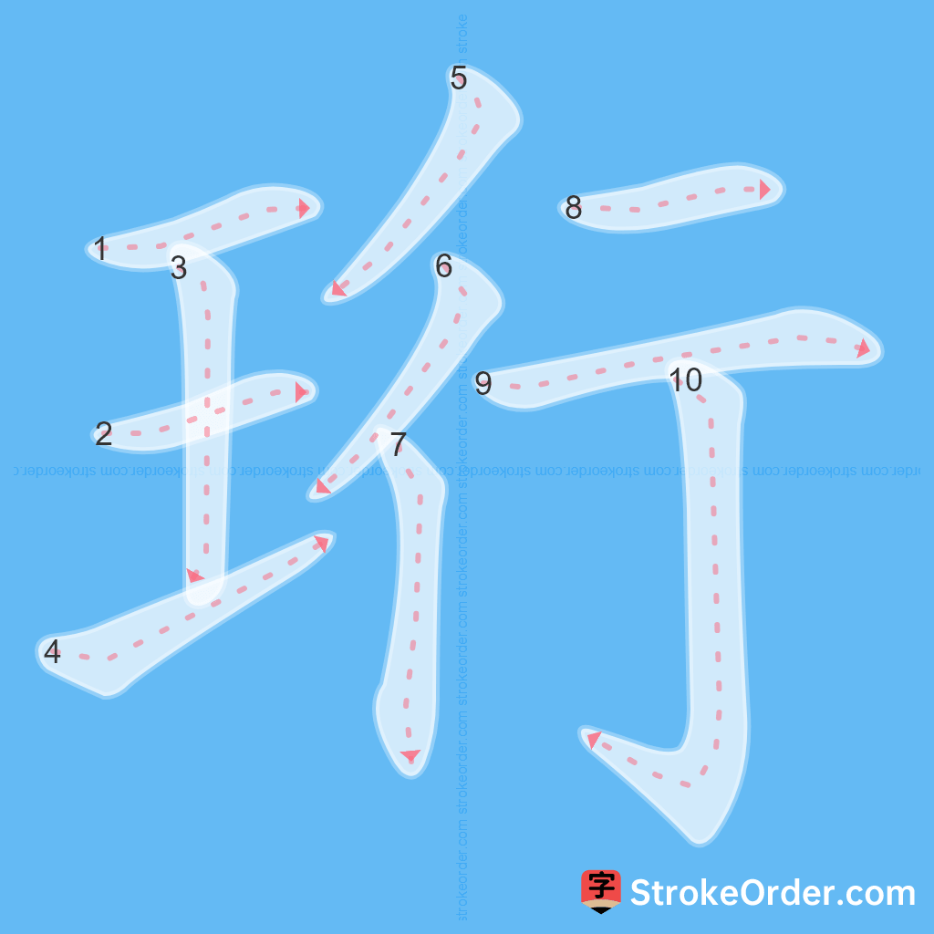 Standard stroke order for the Chinese character 珩