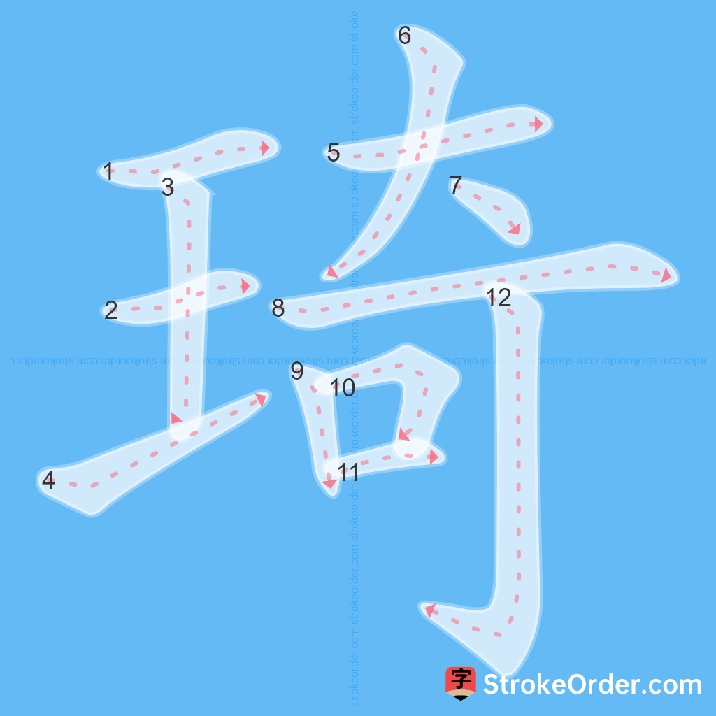 Standard stroke order for the Chinese character 琦