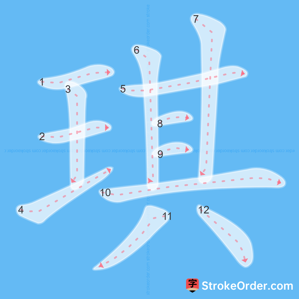 Standard stroke order for the Chinese character 琪