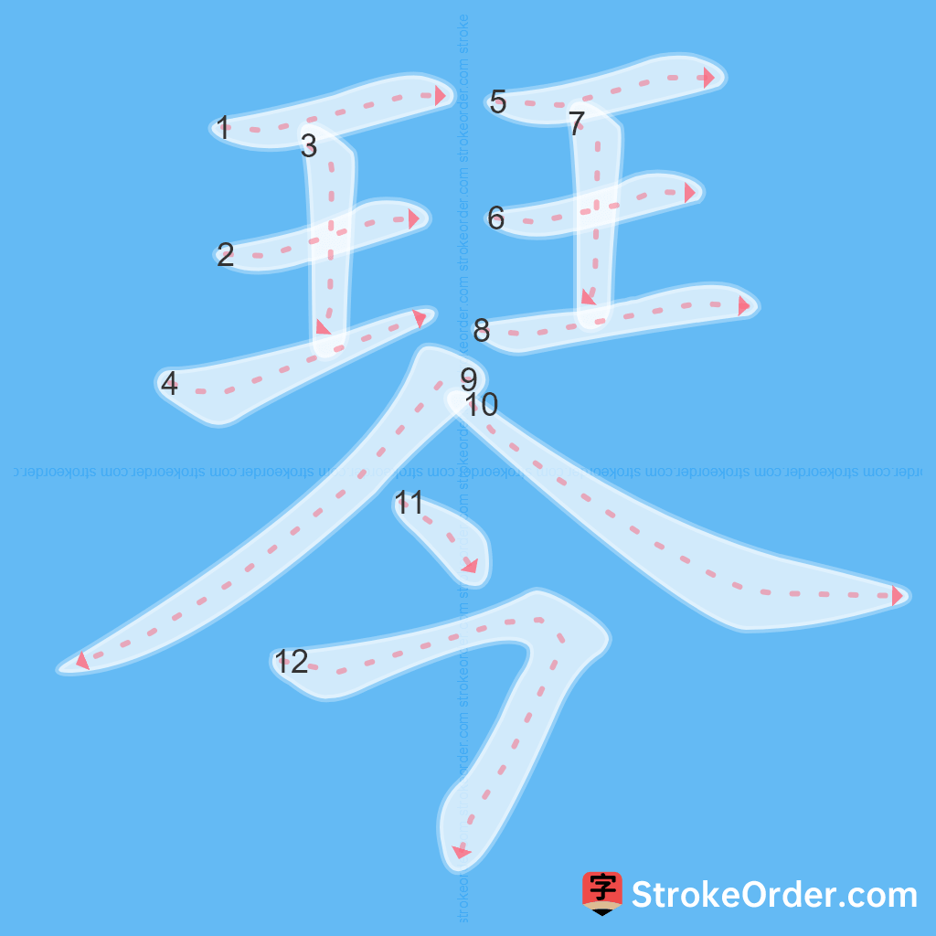 Standard stroke order for the Chinese character 琴