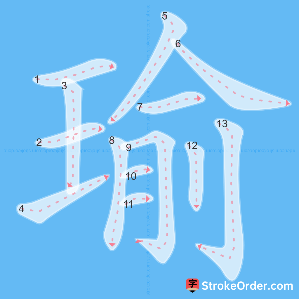Standard stroke order for the Chinese character 瑜