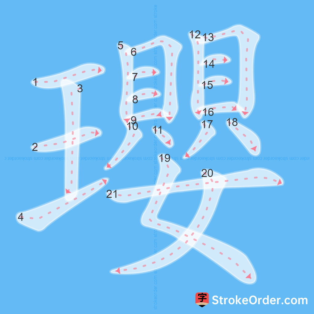 Standard stroke order for the Chinese character 瓔