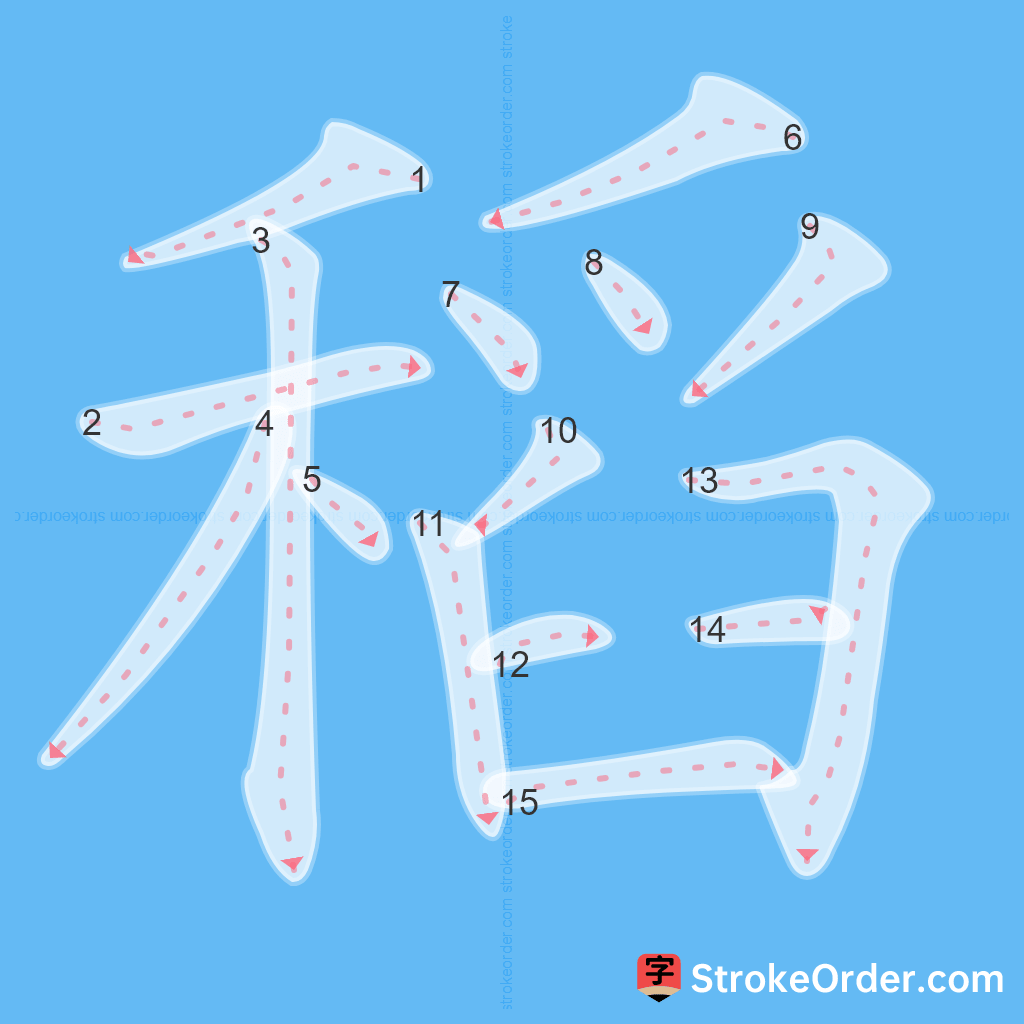 Standard stroke order for the Chinese character 稻