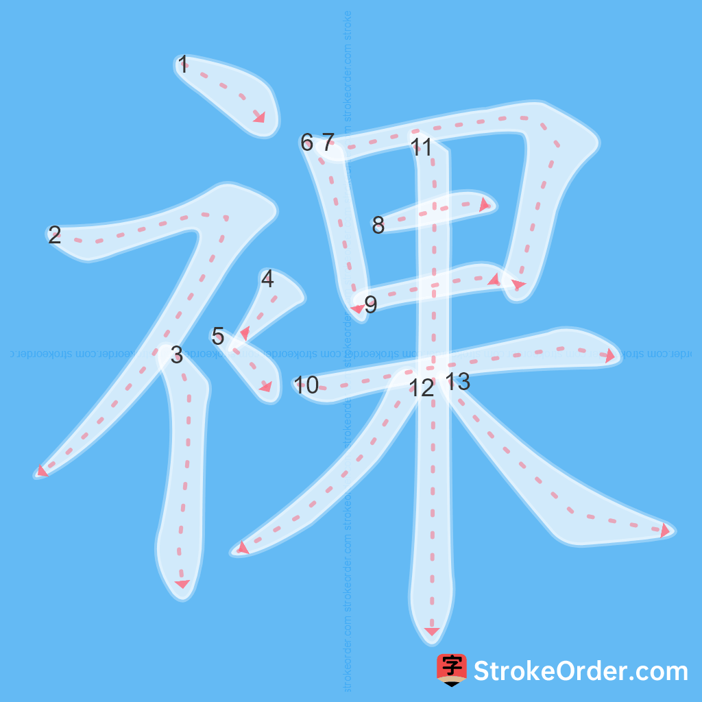 Standard stroke order for the Chinese character 裸