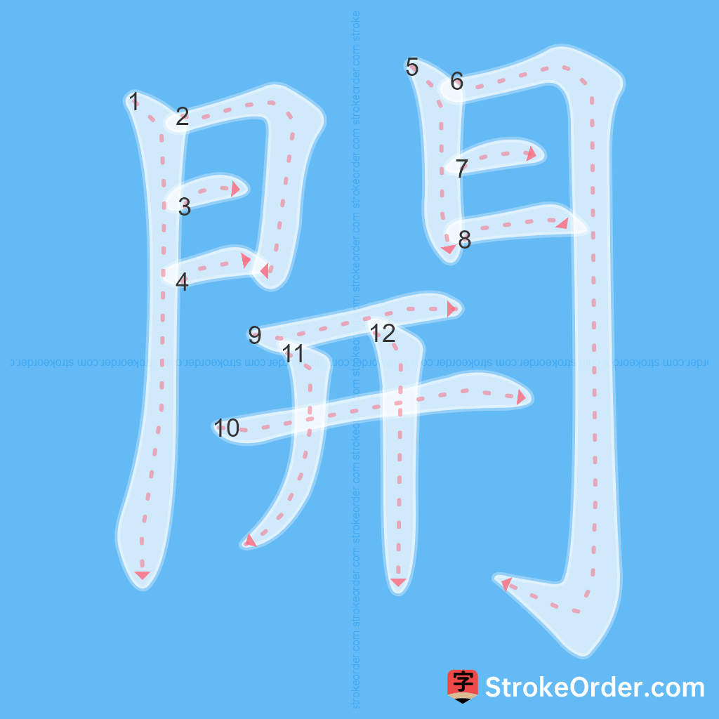 Standard stroke order for the Chinese character 開