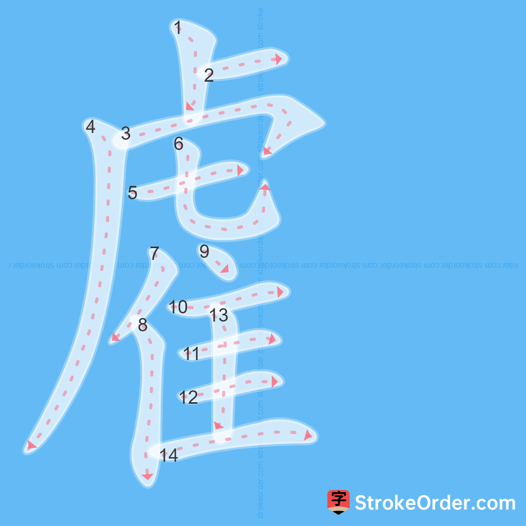 Standard stroke order for the Chinese character 雐