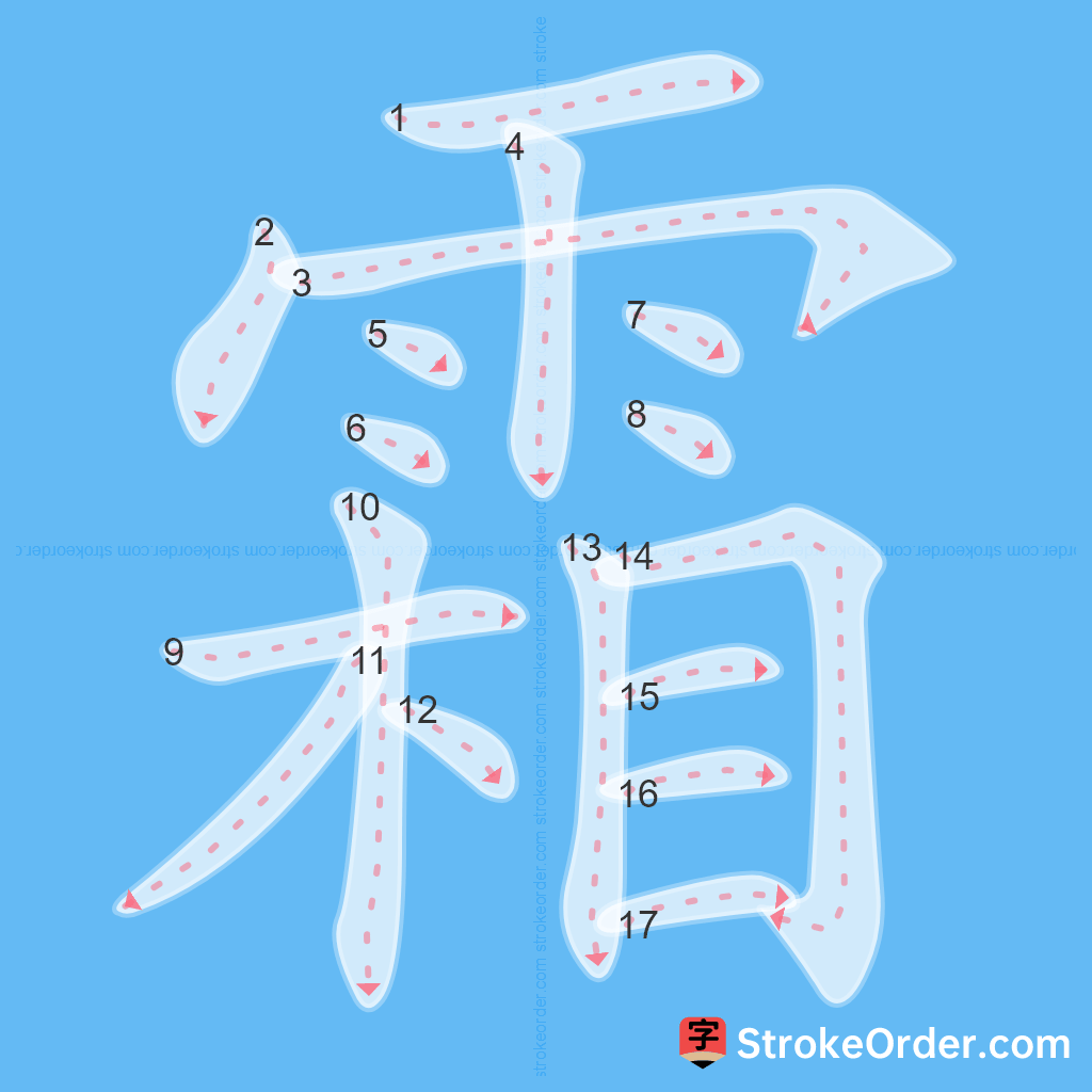 Standard stroke order for the Chinese character 霜