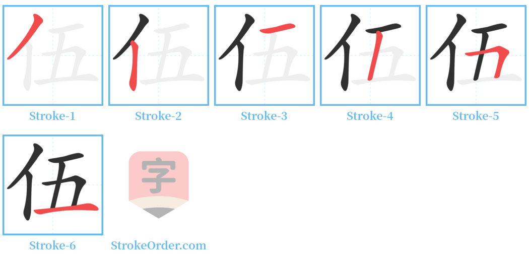 伍 Stroke Order Diagrams
